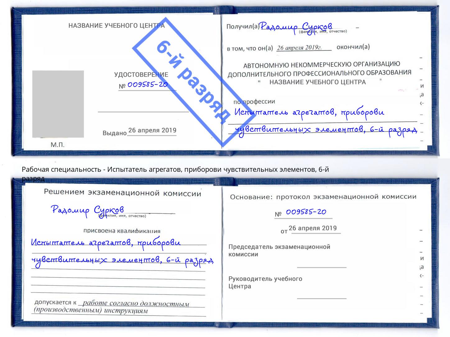 корочка 6-й разряд Испытатель агрегатов, приборови чувствительных элементов Тобольск