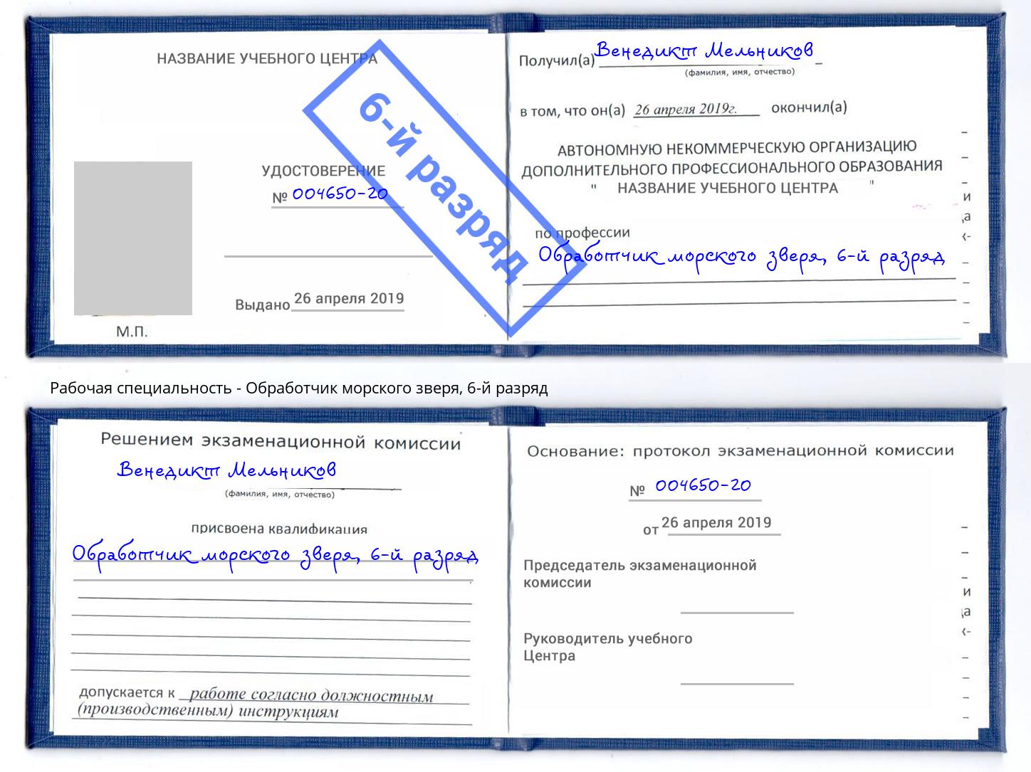 корочка 6-й разряд Обработчик морского зверя Тобольск