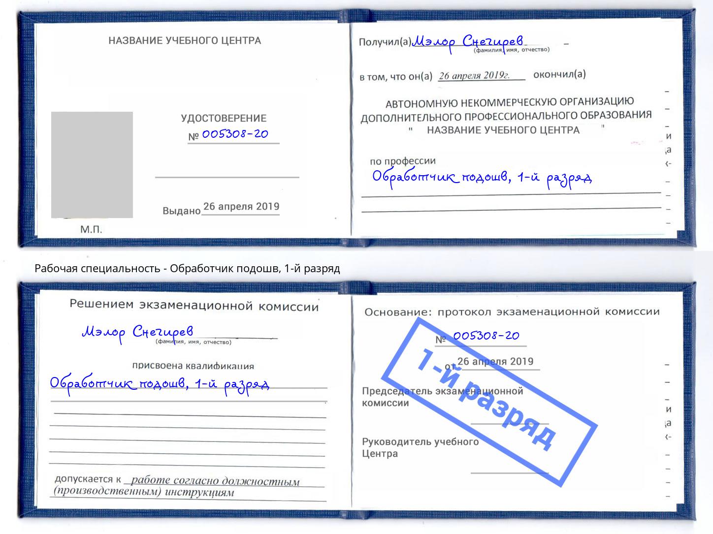 корочка 1-й разряд Обработчик подошв Тобольск
