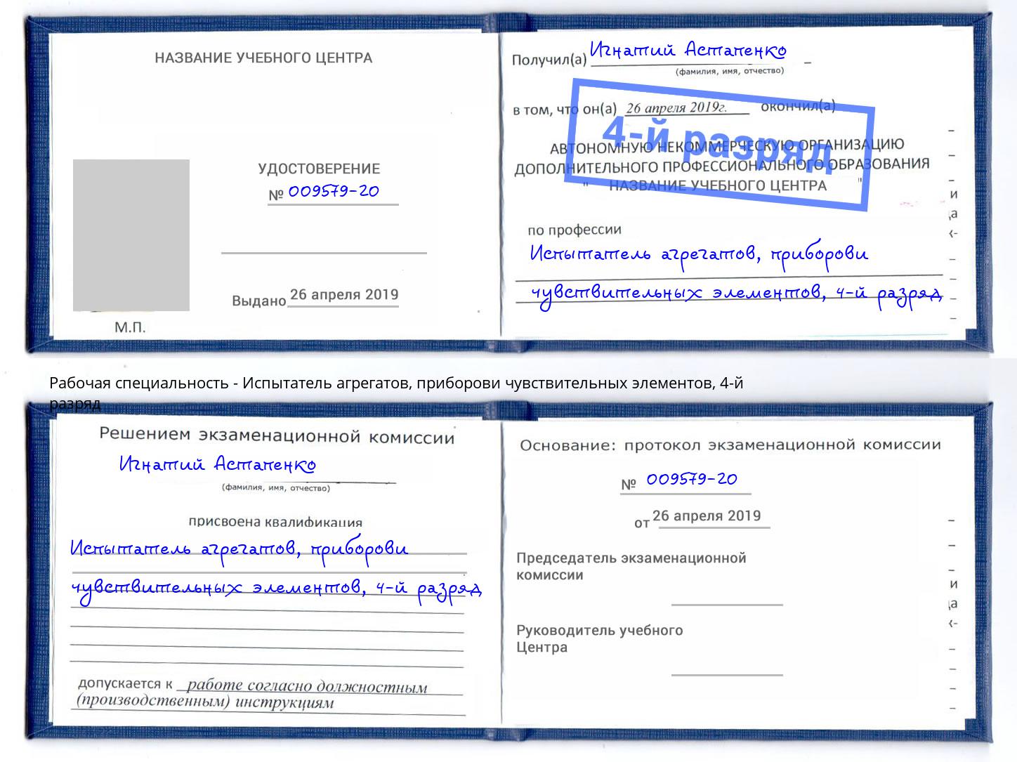 корочка 4-й разряд Испытатель агрегатов, приборови чувствительных элементов Тобольск