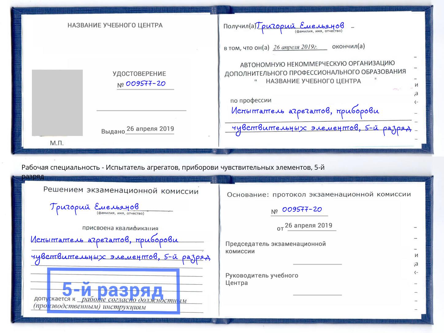 корочка 5-й разряд Испытатель агрегатов, приборови чувствительных элементов Тобольск
