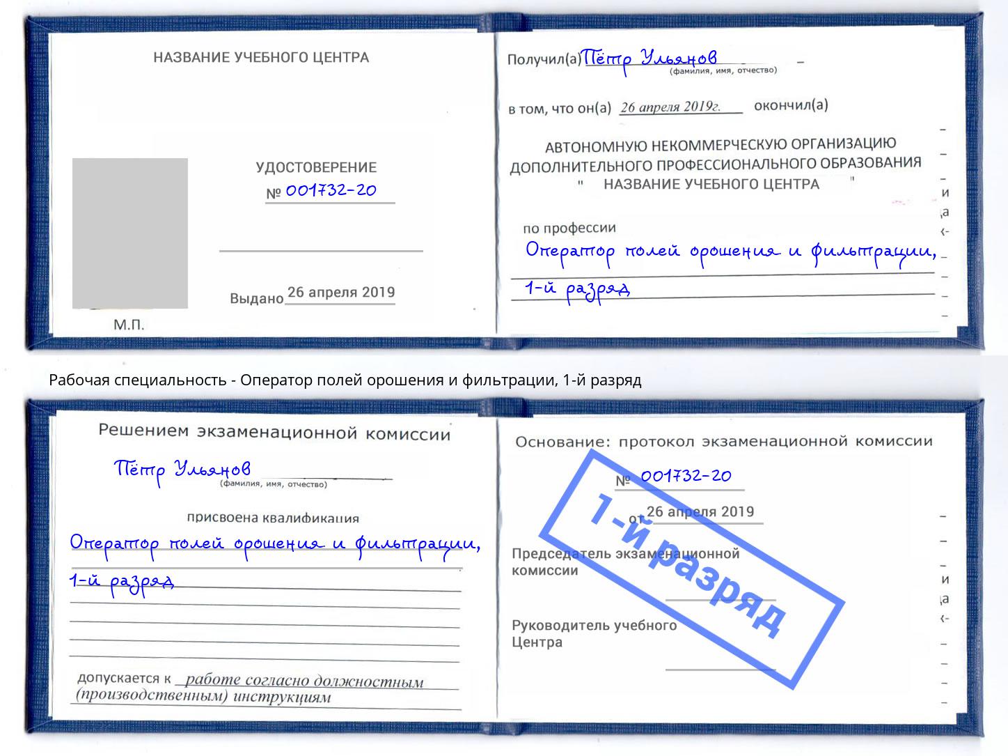 корочка 1-й разряд Оператор полей орошения и фильтрации Тобольск