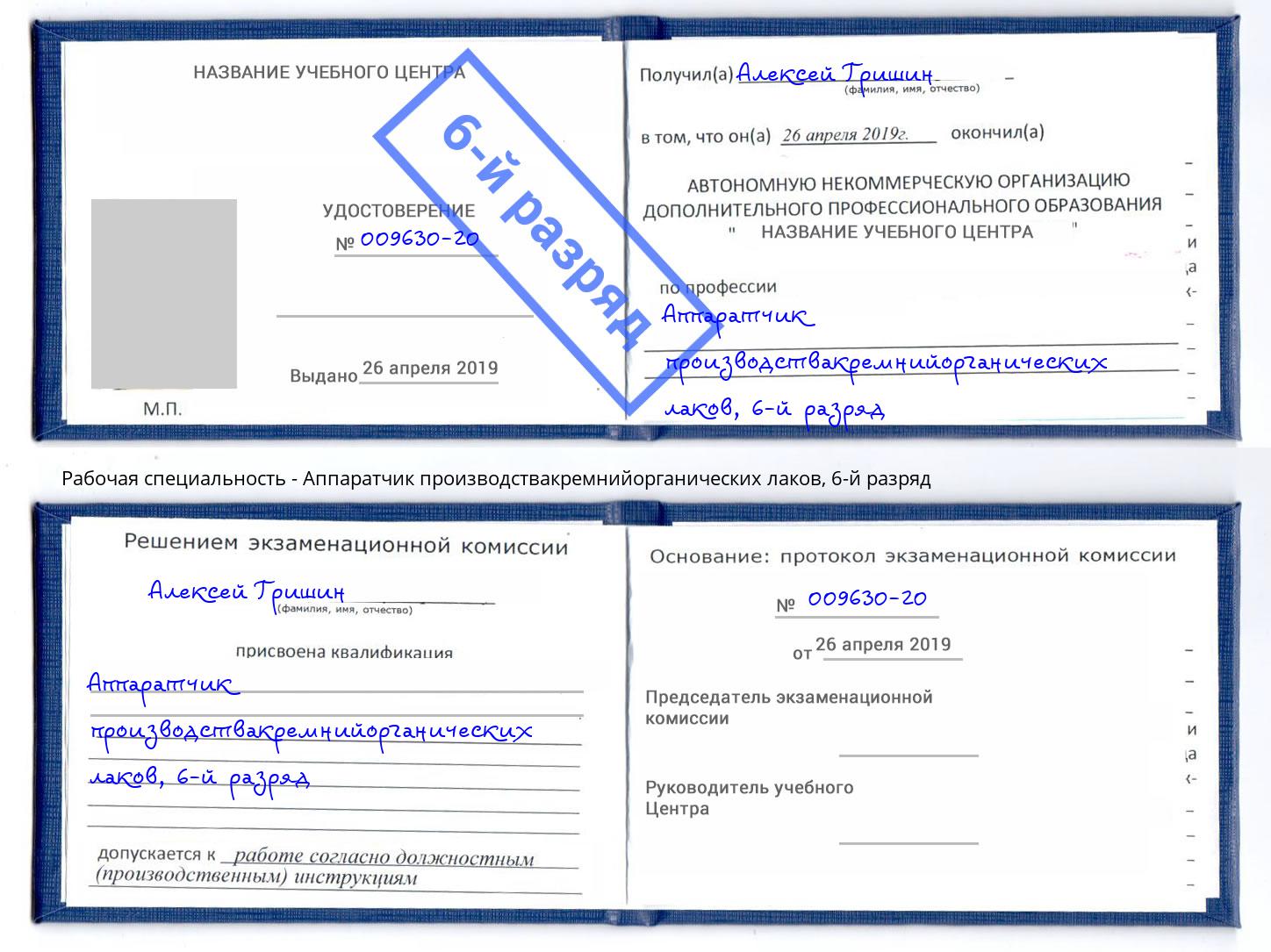 корочка 6-й разряд Аппаратчик производствакремнийорганических лаков Тобольск