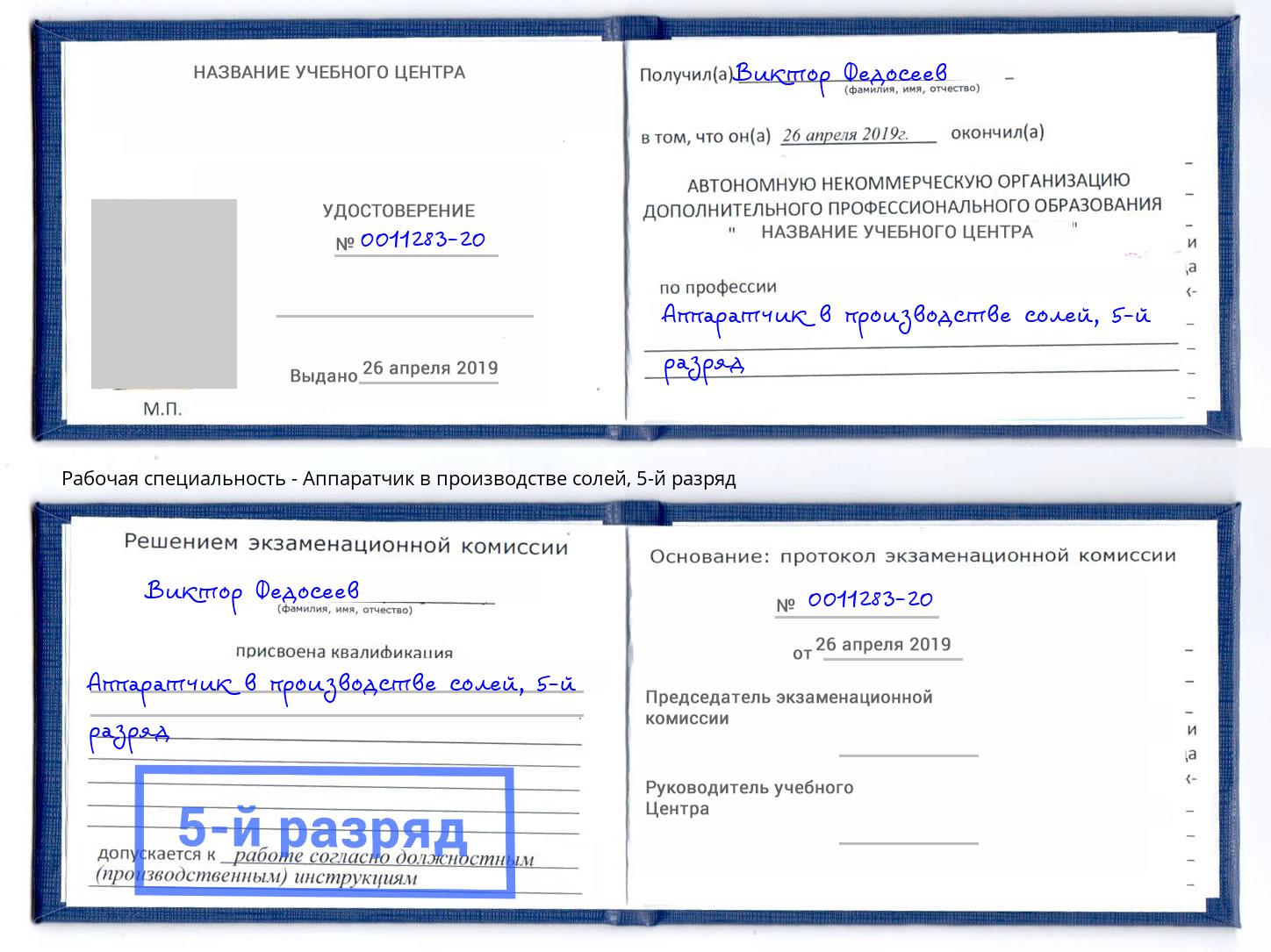 корочка 5-й разряд Аппаратчик в производстве солей Тобольск